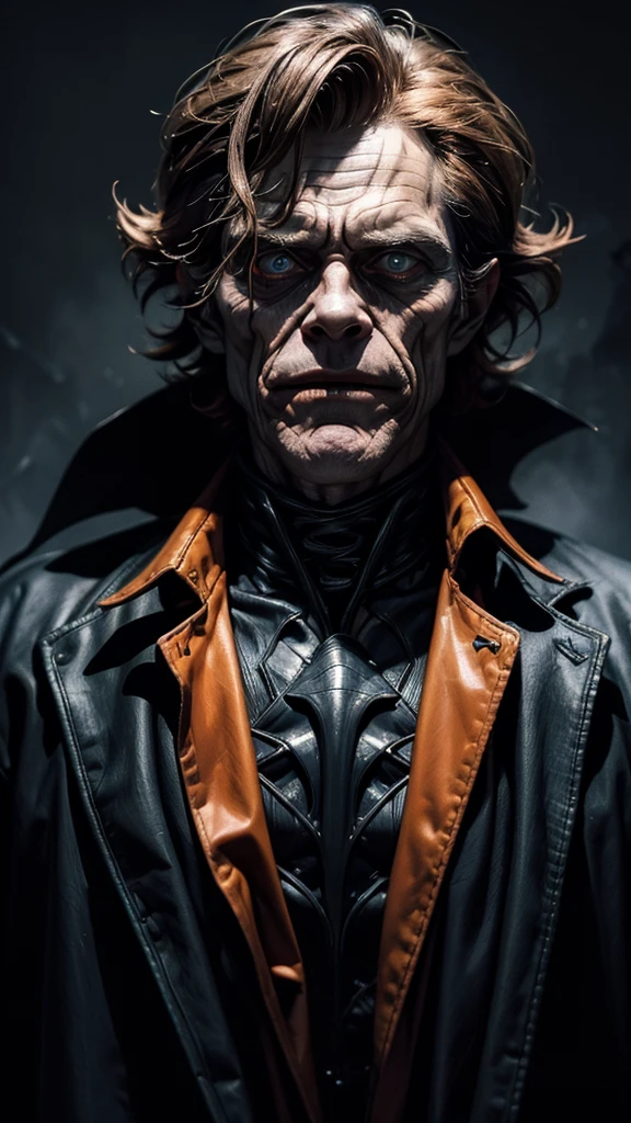 willem dafoe in plague knight, doing the bateman stare, willem dafoe as the joker, willem dafoe as scarecrow, he's very menacing and evil, willem dafoe as a sith lord, detailed 4k horror artwork, pulp character portrait, demon half human portrait, his eyes are bleeding intense full body