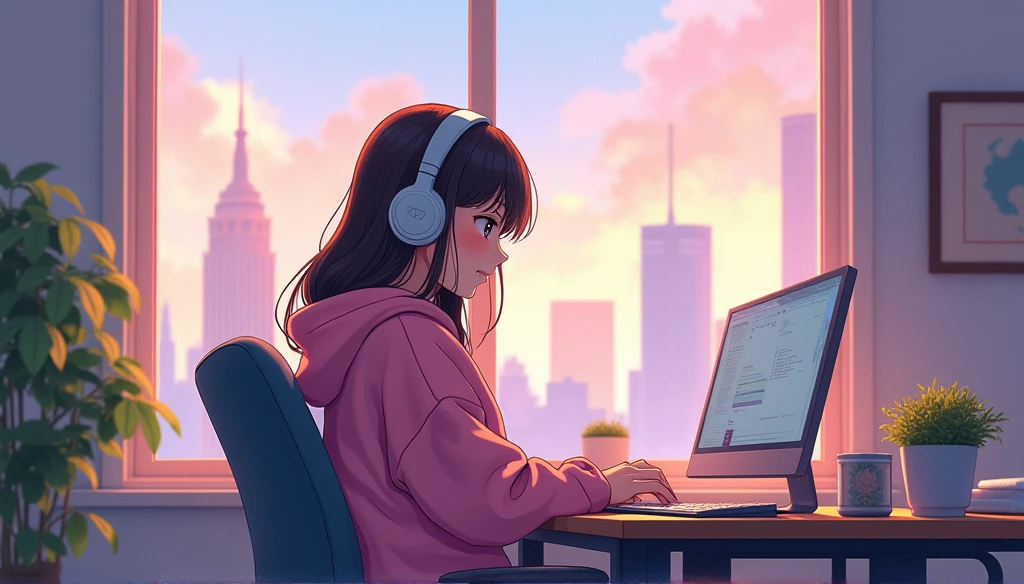 Portrait、512、LoFi、A high school girl sitting on a chair wearing headphones、city view outside the window、morning、pastel colour、Painting、2D anime style、Big Breasts、looks fun、excited、Work at a large desk、I'm wearing a sweatshirt