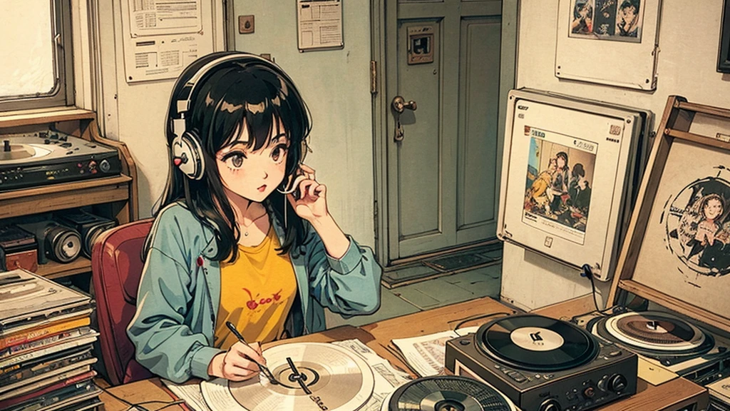 1 girl, 80s anime style, I have headphones on, coffee, Retro, Lo-Fi,A stylish room filled with records,