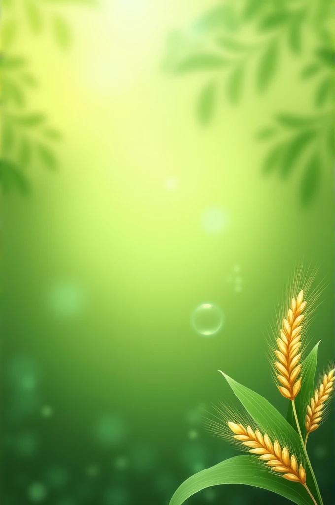 Create a green aura background with golden wheat leaves on right side and corn leaf on left in watermark