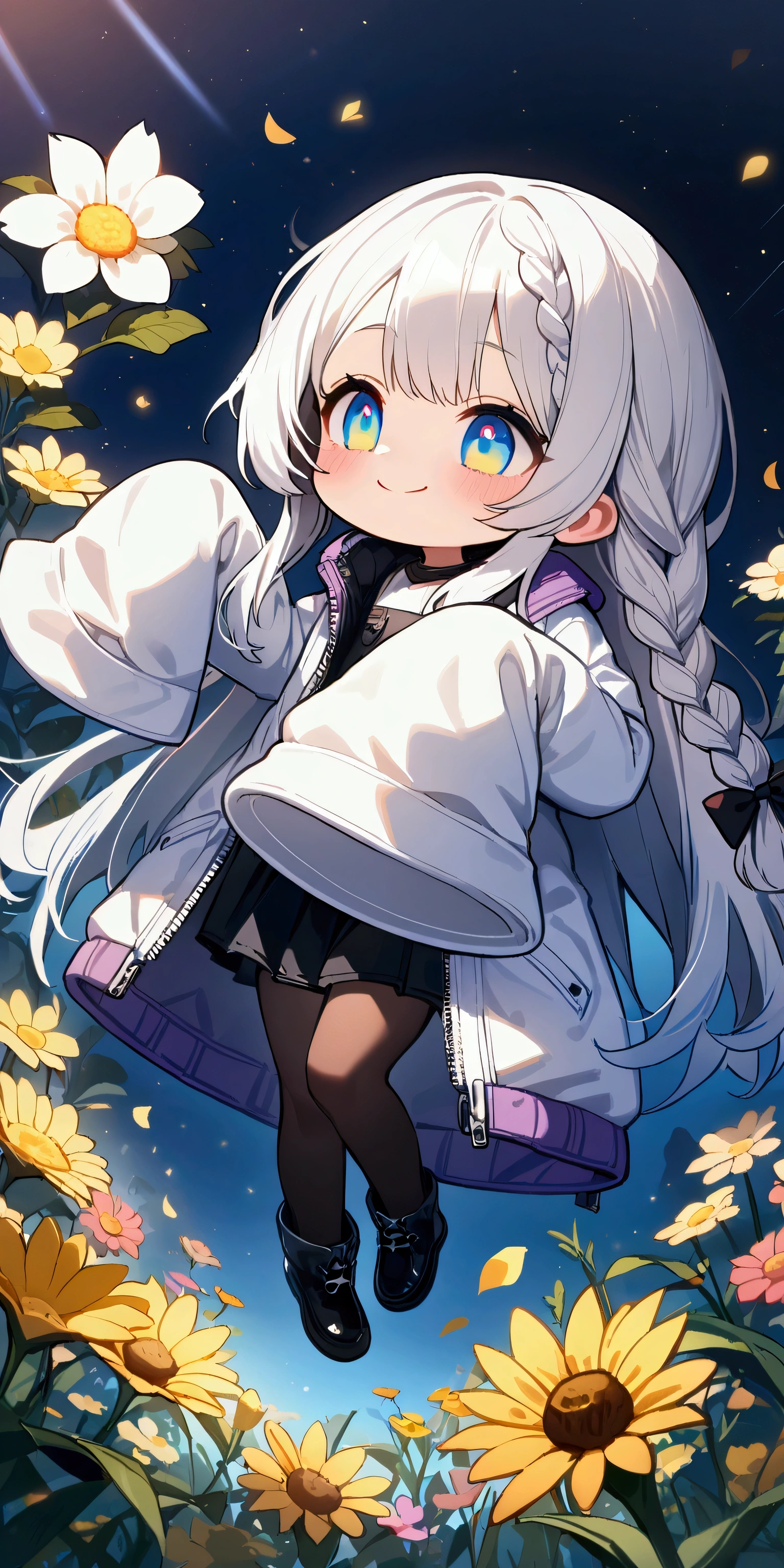 quality\(masterpiece, best quality,8k,wallpaper of extremely detailed CG unit,hight resolution,top-quality,top-quality real texture skin,hyper realisitic,increase the resolution,RAW photos,best qualtiy,highly detailed,the wallpaper\), BREAK ,1girl\(chibi,super cute, adorable, kawaii,,5 years oldg smile,cute smile,wearing jacket\(leather\(very detailed\),(black:1.3),(((very big))),too big,smooth, shiny,over long sleeves,(sleeves past fingers:1.4),long sleeves,\),weaing only jacket,full body,big eyes,cosmic eyes,long hair\(cosmic hair,braid hair,\)\), BREAK ,background\(at fashion studio,flowers\((black:1.3),many kinds of flowers,beautiful\),best lighting,\),flom below,dynamic angle