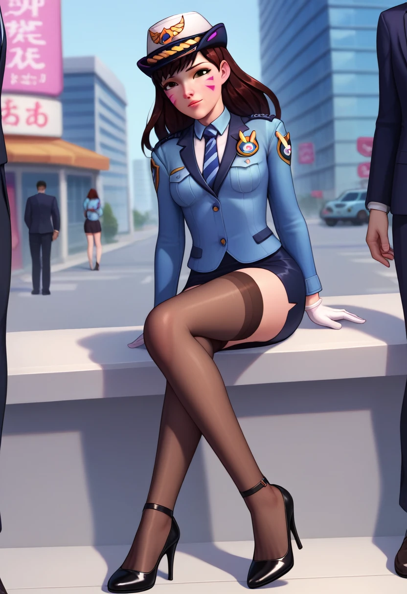 score_9, score_8_up, score_7_up, 1girl, solo focus, officerdva, d.va (overwatch), white gloves, high waisted skirt, bodycon pencil skirt, stockings,  pink whiskers, sitting on police cruiser, city downtown, long sleeves, high heels, (((blazer))), (((suit jacket))), epaulettes, formal, skirt suit