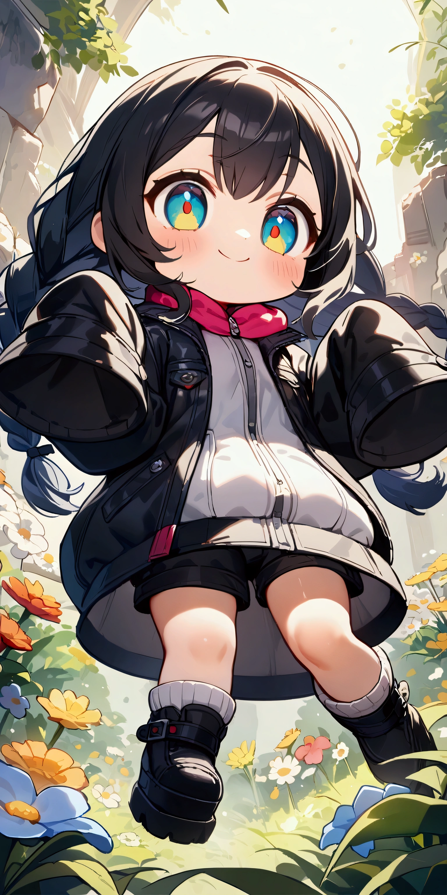 quality\(masterpiece, best quality,8k,wallpaper of extremely detailed CG unit,hight resolution,top-quality,top-quality real texture skin,hyper realisitic,increase the resolution,RAW photos,best qualtiy,highly detailed,the wallpaper\), BREAK ,1girl\(chibi,super cute, adorable, kawaii,small ???,5 years old,chibi,big smile,cute smile,wearing jacket\(leather\(very detailed\),(black:1.3),(((very big))),too big,smooth, shiny,over long sleeves,(sleeves past fingers:1.4),long sleeves,\),weaing only jacket,full body,big eyes,cosmic eyes,long hair\(cosmic hair,braid hair,\)\), BREAK ,background\(at fashion studio,flowers\((black:1.3),many kinds of flowers,beautiful\),best lighting,\),flom below,dynamic angle