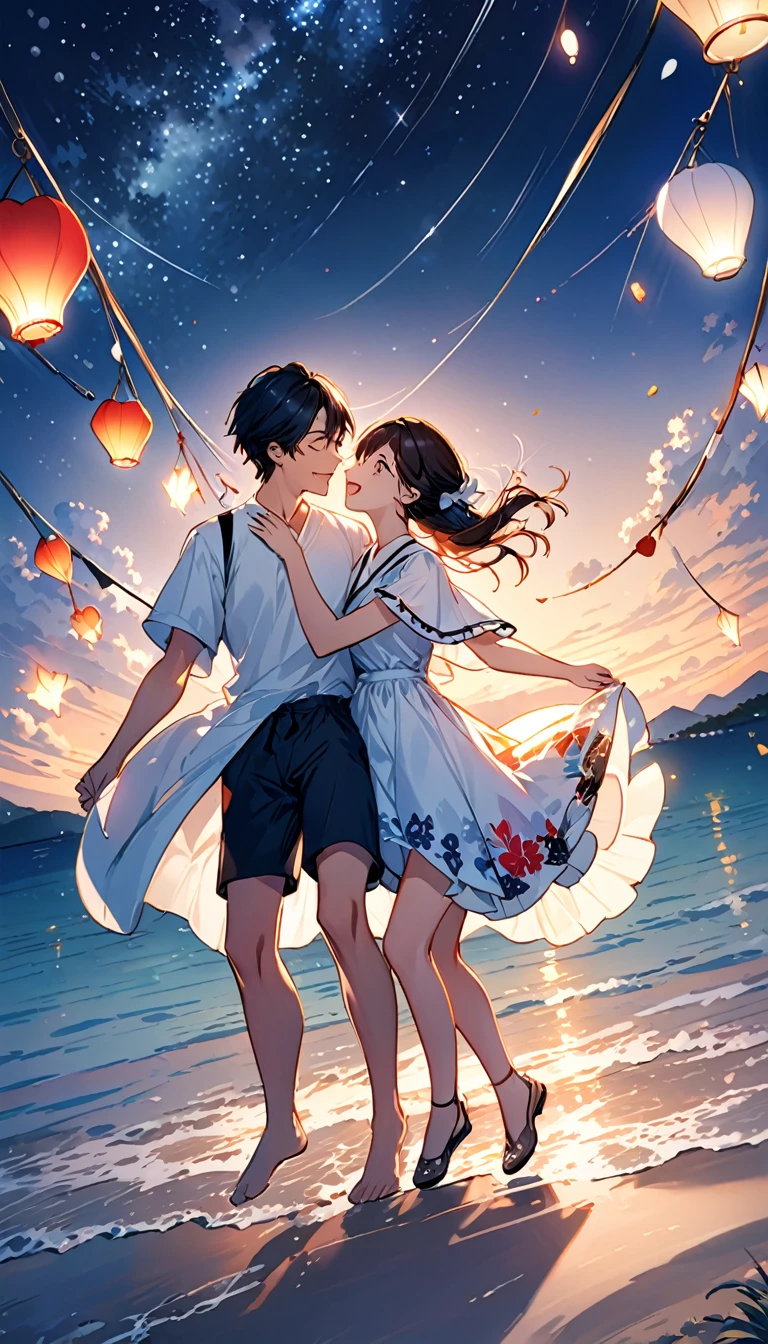 (Highest quality、Very detailed、Real:1.37)、humor、Seaside、night、Starry Sky、Manga style、Desaturate、Girls and boys、Fun couple、Laughter、Floating Love、