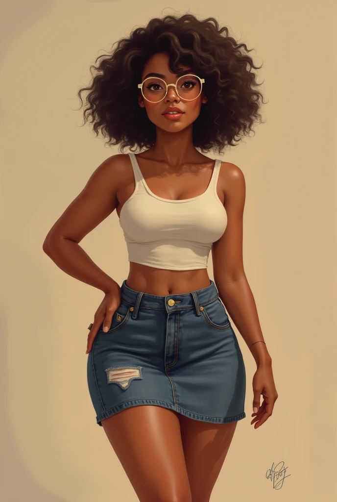 tan skin, dark skin, australian, korean, short, curvy body, large squishy thighs, round glasses, skirt, short skirt