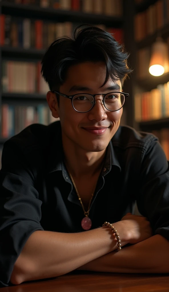 nsfw, best quality, masterpiece, extremely detailed, masculine, sexy, homoerotic, extremely handsome, 25 year old bruneian malay man, wearing glasses, round face with chubby cheeks, muscular build, cheeky smile, fitted clothes, rose quartz crystal pendant, bead bracelet, bends forward and elbows on a table, in library, side view, afterhours, lights off, at midnight, cinematic shadows, dreamy atmosphere, perfect face, perfect hands, perfection