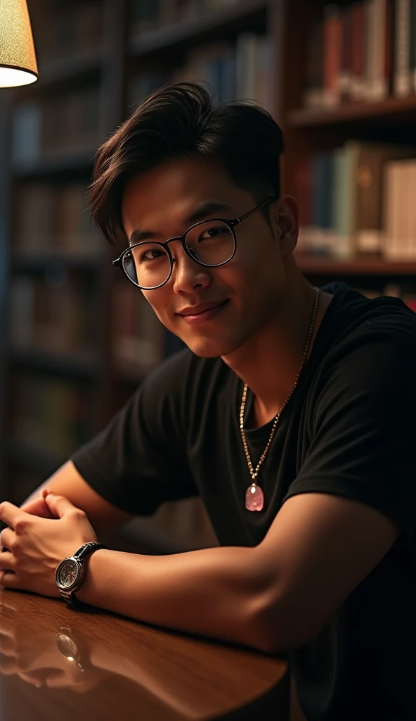 best quality, masterpiece, extremely detailed, masculine, 25 year old muscular bodybuilder filipino man, wearing glasses, round face with chubby cheeks, (muscular bodybuilder), very cheeky smile, fitted clothes, glowing quartz crystal pendant, bends forward and leaning elbows on a table, in library, side view, afterhours, lights off, at midnight, cinematic shadows, dreamy atmosphere, perfect face, perfect hands, perfection
