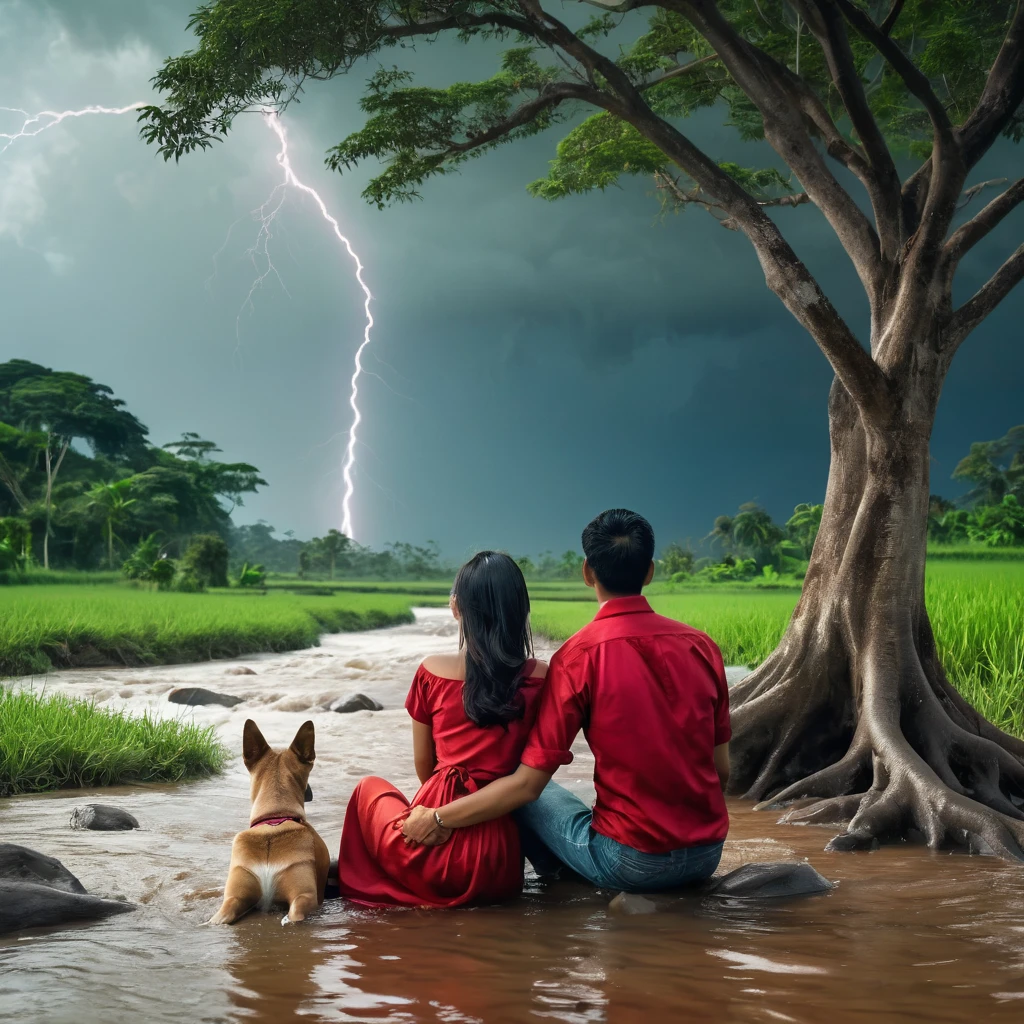 thai farmers couple chilling by a tree, near a stream The woman is wearing a red crop shirt. 3D photo, The color palette is soft. during a thunderstorm, wet, capturing a serene and ethereal mood.The background features a tidal wave coming, ships surf the wave, light and shadow. maximum resolution, ultra realistic. She is in sitting doggy position while he is holding her waist so she can do a magic trick.