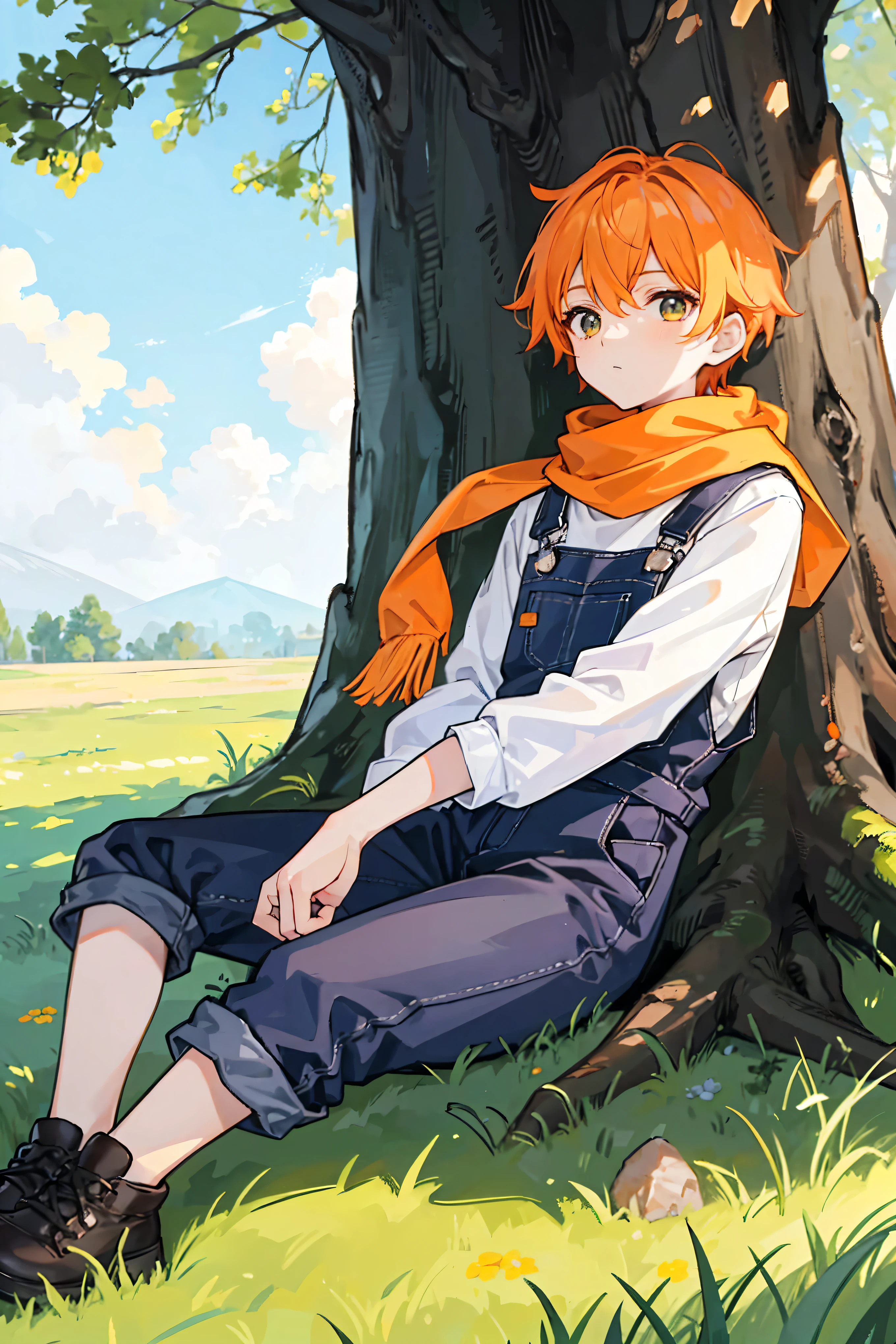 Sitting at the base of a big tree growing in the grassland、With short orange hair、He was wearing a long-sleeved white t-shirt and black overalls.、Boy with orange scarf