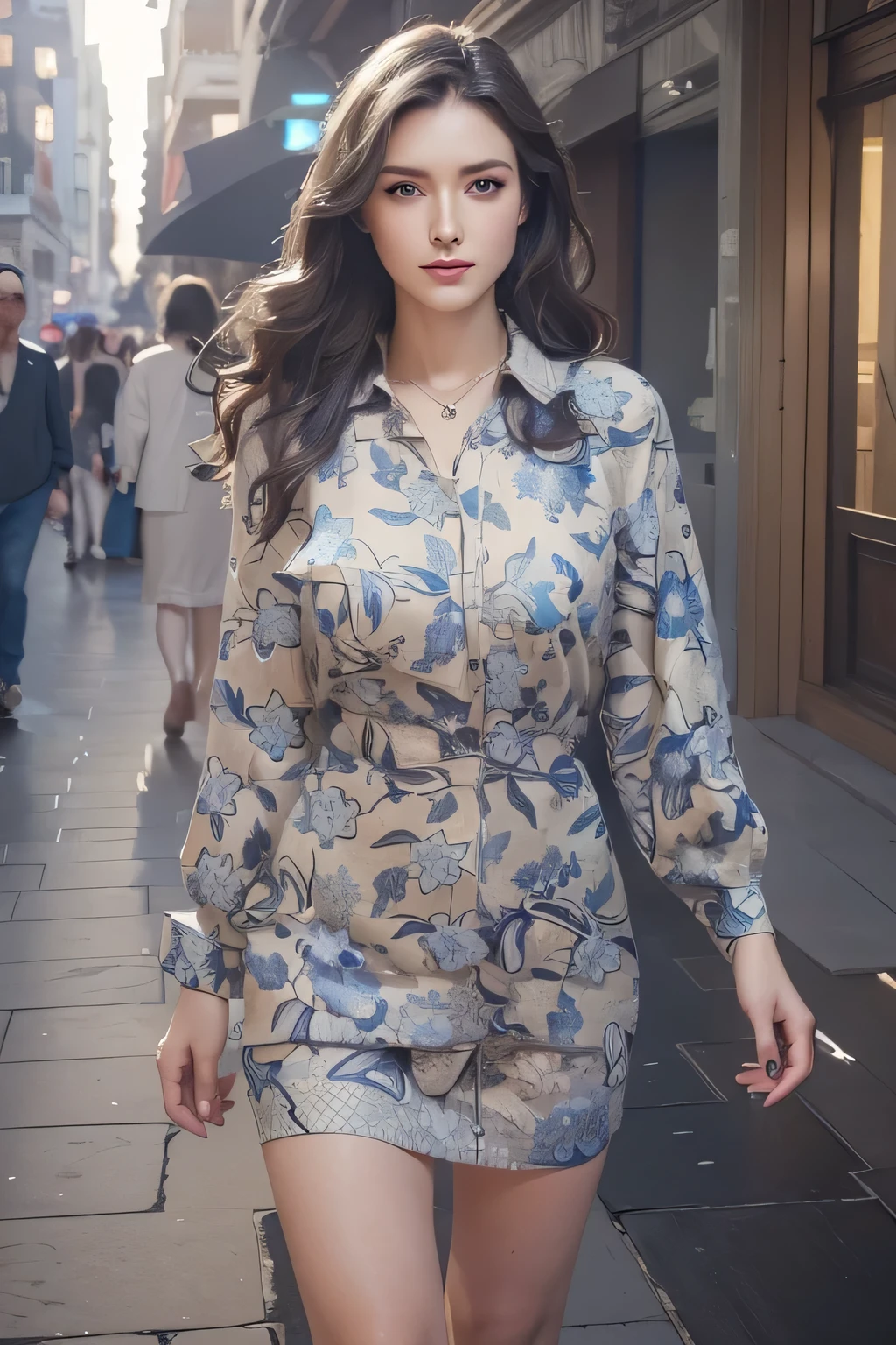 (masterpiece), (best quality), (digital painting), beautiful woman, thick eyebrows, blue eyes, curled eyelashes, facial details, long hair,, (white grey batik shirt cloth_ patterns),  patterns design, fabric art, flat illustration, Vector, 4K, Art station shop street background, Highly detailed, intricate, 8k octane rendering