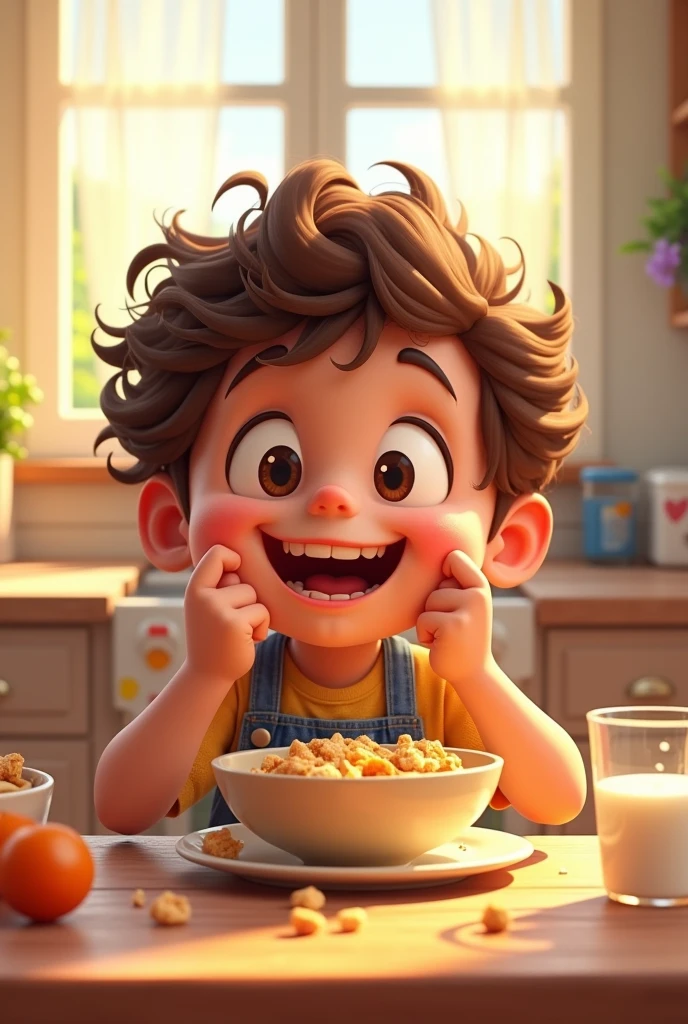 Create an animated image of a -year-boy w curly hair eating breakfast