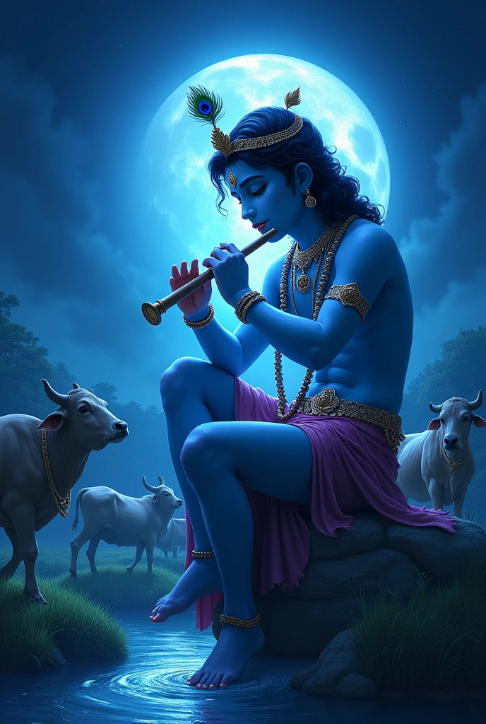 Bhagavan shree krishn man , on head peacock feather, middle hair,background gode hie lite ,blue colour body, sitting in planet , looking many cow, Shri Krishna playing the flute, near river,dark