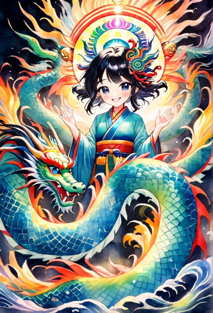 Dragon God Kannon Bodhisattva、Black Hair、smile、Shinto-Buddhist syncretism、Iridescent halo、Fantasy、digital watercolor painting