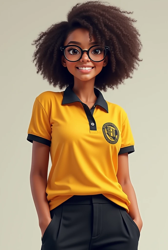 Make a brunette with curly and voluminous hair with a polo shirt with a black collar and a yellow shirt with a school symbol on the left chest and long black pants with glasses and eyeliner with a beautiful smile. 