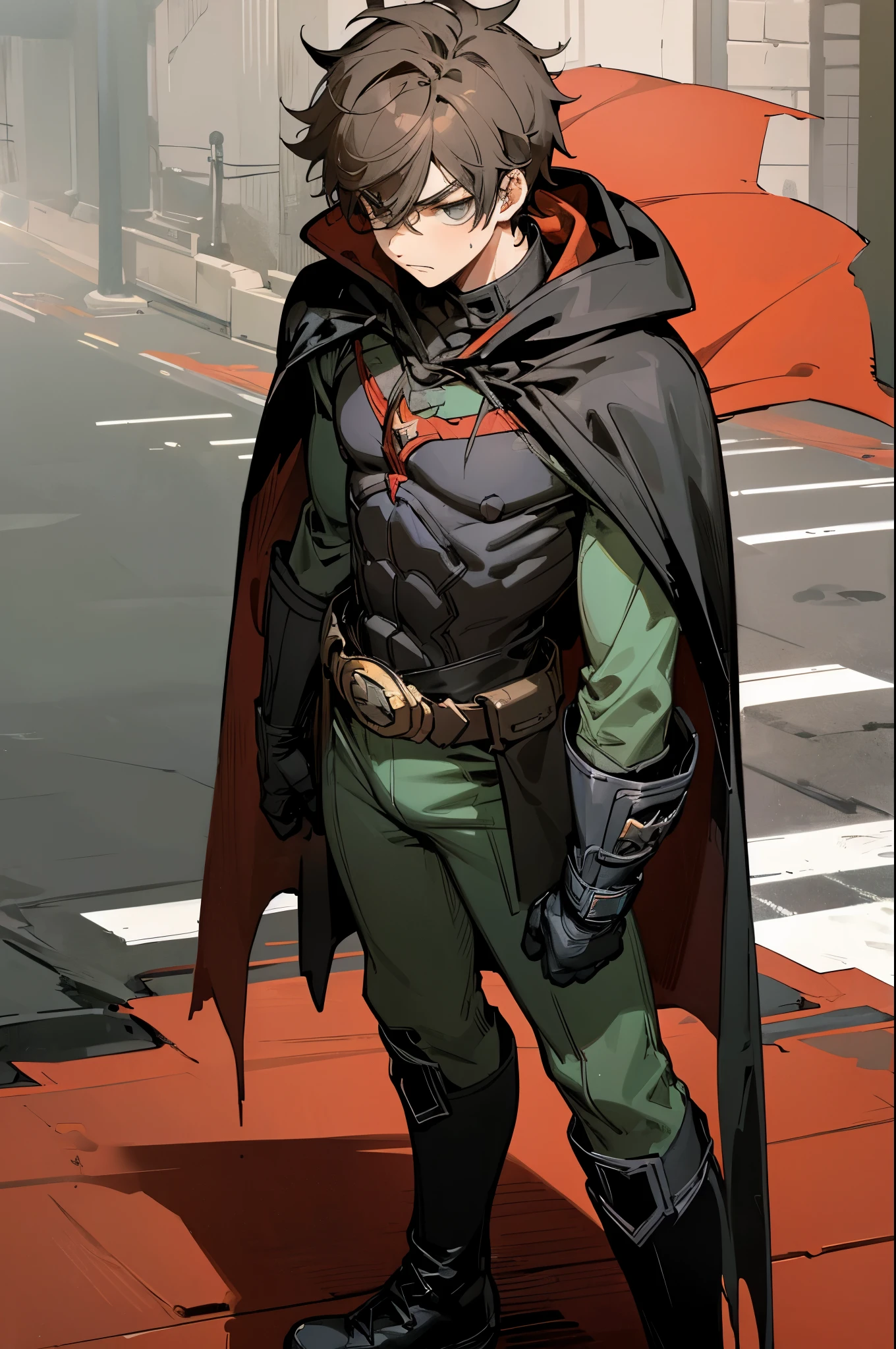 1male , Young Male ,combat Gloves, combat Boots ,robin cape (DC) , Black Hero Mask with whites out eyes , Messy Hair , Serious Expression , Standing on sidewalk , Robin outfit (DC)