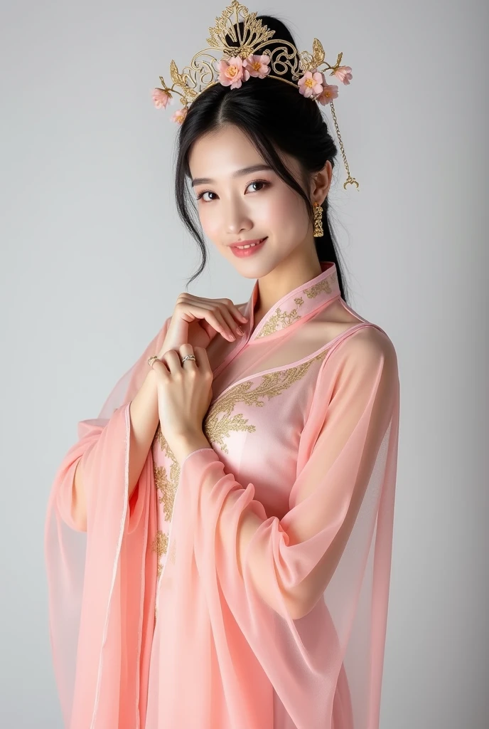 Photo of a woman in a pink and gold costume, transparent, thin fabric, hanfu, chinese_clothes, liu yifei, Phoenix crown, hair stick, flower hair, (delicate, gentle pose), pose for photo, holding looking at viewer, light smile, no background, studio light, cosplayer, ((full body shot))