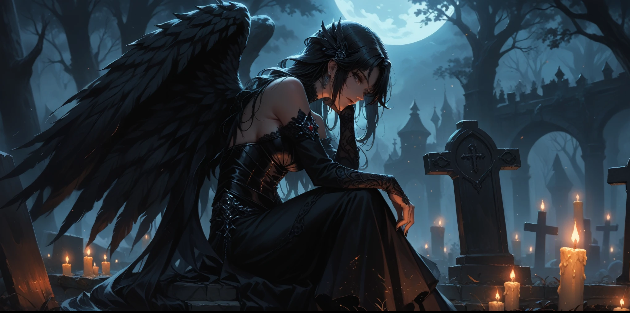gothic woman sitting on grave with candles in background, dark fantasy style art, gothic fantasy art, dark fantasy art, fantasy dark art, Dark Angel, Фэнтезийное искусство Unreal Engine, High quality detailed 8K graphics, Graphic artist Magali Villeneuve, Angel Knight Gothic Girl, emotional concept art, autumn angel, elegant cinematic fantasy art, dark fantasy style