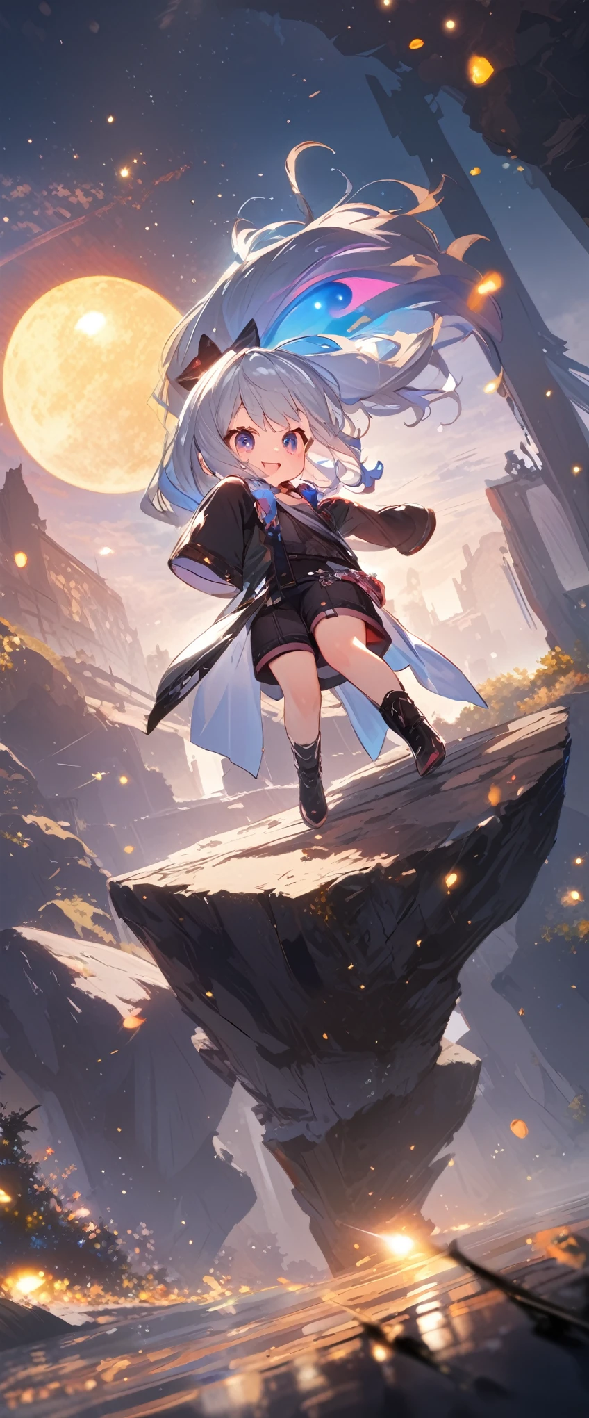 quality\(masterpiece, best quality,8k,wallpaper of extremely detailed CG unit,hight resolution,top-quality,top-quality real texture skin,hyper realisitic,increase the resolution,RAW photos,best qualtiy,highly detailed,the wallpaper\), BREAK ,1girl\(chibi,super cute, adorable, kawaii,small kid,5 years old,chibi,big smile,cute smile,wearing jacket\(leather\(very detailed\),(black:1.3),(((very big))),too big,smooth, shiny,over long sleeves,(sleeves past fingers:1.4),long sleeves,dynamic pose\),weaing only jacket,full body,big eyes,cosmic eyes,long hair\(cosmic hair,braid hair,\)\), BREAK ,background\(at fashion studio,flowers\((black:1.3),many kinds of flowers,beautiful\),best lighting,\),flom below,dynamic angle