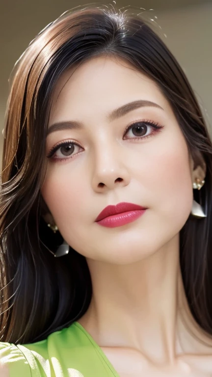 Photorealism 16K Realism, (Ultra-realistic body proportions, Anatomically correct:1.3), ((Ultra-fine digital art)), ((A beautifully drawn face)), (明るいgreen白い顔色)), break, (Small round head), (Highly detailed and realistic、Very beautiful slim and sharp face), (Best Best Details Real Black_eye:1.28), ((super realistic sharp-eye:1.2)), (tired and sleepy and satisfied:0.0), close up of a woman's eye, perfect round eye, Detailed pupils,break, detailed lips:1.3, pink_compensate:1.2, (length_green_eyeliner:1.2), (red_lipstick:1.2), ((Perfect darkness_eyehadows:1.25)), (super detailed professional compensate on eye:1.25), (Detailed nose:1.25), (Highest Quality Real Texture Skins:1.3), Stunningly beautiful girl, 25, Detailed skin, beautiful shinning length luscious hair, strands of hair flaoting in air, hair updo, hair, Delicate facial features, detailed glossy eye and pupils, detailed shinning natural hairs, Sharp nose with attention to detail, Detailed drawing of bright white teeth, Perfectly symmetrical face, Naturally perfect breasts in great detail, Graceful pose, Soft lighting, Artistic painting, Vibrant colors, Ethereal atmosphere, ((Two big stars shine:1.22)), Captivating Gaze, Perfect Skin, Captivating beauty, surreal background, alone, View your viewers, 前hair, (Beautiful modern and fashionable designer yellow,green and red combination dress), Earrings and Necklaces, Cute Smile, Upper Body, indoor, Frills, at night, Perfect lighting, Luxurious living room, sofa, a large number of colorful flowers,Looking at the audience, lips,