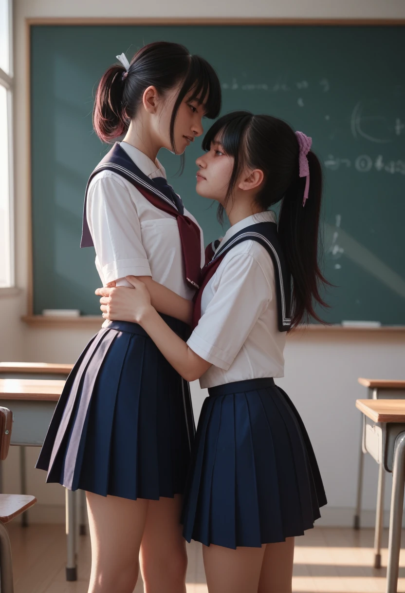Two Girls,roromiya,ririchiyo,school uniform,Ascot, masterpiece, Highest quality、comminicate、Someone hugs me from behind、Twilight Classroom