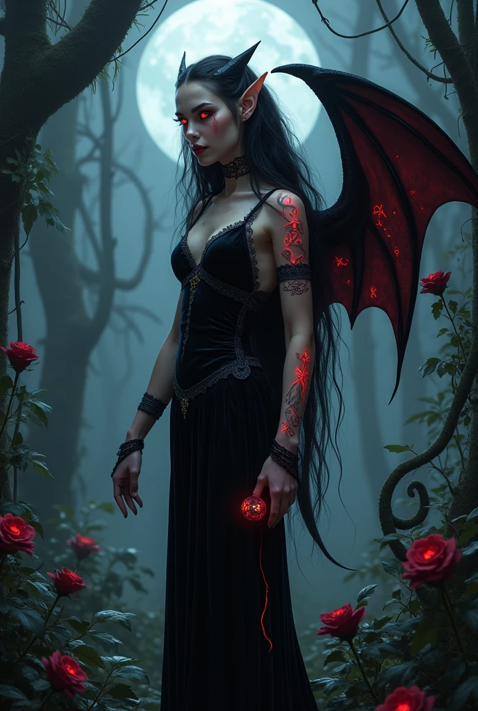 In the depths of a shadowy, ancient jungle, bathed in the eerie silver light of the moon, stands a mesmerizing elven woman with an otherworldly allure. Her tall, slender frame is adorned with pointed ears, and her long, raven-black hair cascades over her bare shoulders, accentuating the sharp, angular features of her face. Her eyes glow with an ominous, red light, revealing her dark intentions. She wears a tight, black velvet gown that clings to her lithe body, adorned with intricate lace and ancient runes. Along her arms and back, glowing, crimson tattoos in the shape of elven symbols pulse with demonic energy, illuminating her pale, porcelain skin, Her lips, stained a deep shade of crimson, curl into a wicked smile as she cradles an obsidian artifact, exuding a seductive, violet aura. Dark, bat-like wings unfurl from her back, casting long shadows on the ground. Encircling her are arcane symbols, drawn with blood, which glow in sync with her tattoos. Tendrils of dark energy weave through the air, summoning shadowy, demonic spirits that bow to her will. The twisting vines and black roses at her feet seem to wilt in her presence, as the haunting whispers of the jungle blend with the guttural chants of otherworldly entities, amplifying the dark, gothic, and demonic essence of her ritual
