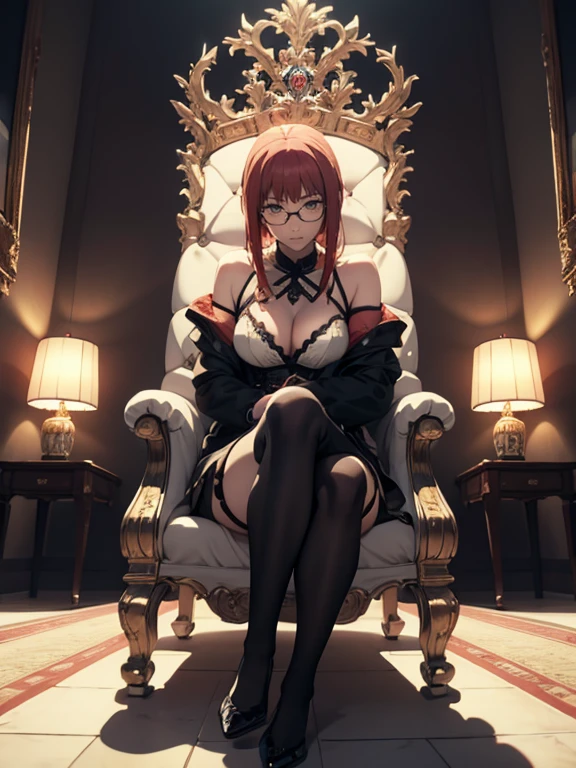 (masterpiece, best quality:1.0), highly detailed, full body view, looking down at viewer, intricate detail, 1woman , sexy woman, makima (chainsaw man), sunglasses, eyewear on head, crossed legs, thighhighs, garter straps, fishnet thighhighs, dress, fishnets, hair down, breasts, black dress, framed breasts, long sleeves, sitting, head rest, crossed legs, throne, gorgeous, gorgeous chair. low-angle effect, leaning forward, looking down at viewer, very detailed, detailed body, detailed face, detailed hands, detailed feet, anime art, extremely detailed CG unity 8k wallpaper, detailed light, cinematic lighting, chromatic aberration, glittering, epic composition, dark in the background, character cesing, very detailed, vibrants, sharp-focus, a detailed eye, super fine illustration, better shadow, finely detail, Beautiful detailed glow, beautiful detailed, extremely detailed, epic composition, presented at artstation, Octane Render, artstation hd, Cinematic, 4 thousand., hypermaximalist, (((sitting on a throne inside a castle)))