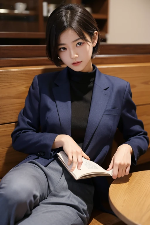 A young Japanese woman is reading a book early in the morning in a cafe near an office district。She is wearing a trouser-style suit。short hair。Face and eyes are directed towards the book。