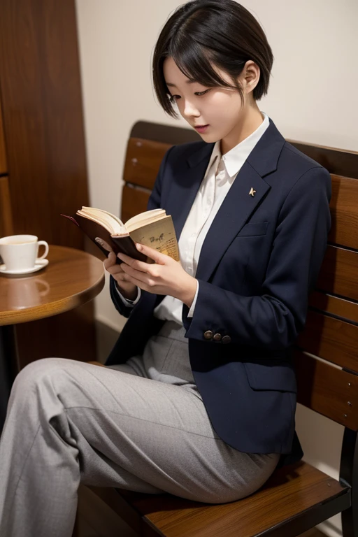 A young Japanese woman is reading a book early in the morning in a cafe near an office district。She is wearing a trouser-style suit。short hair。Face and eyes are directed towards the book。