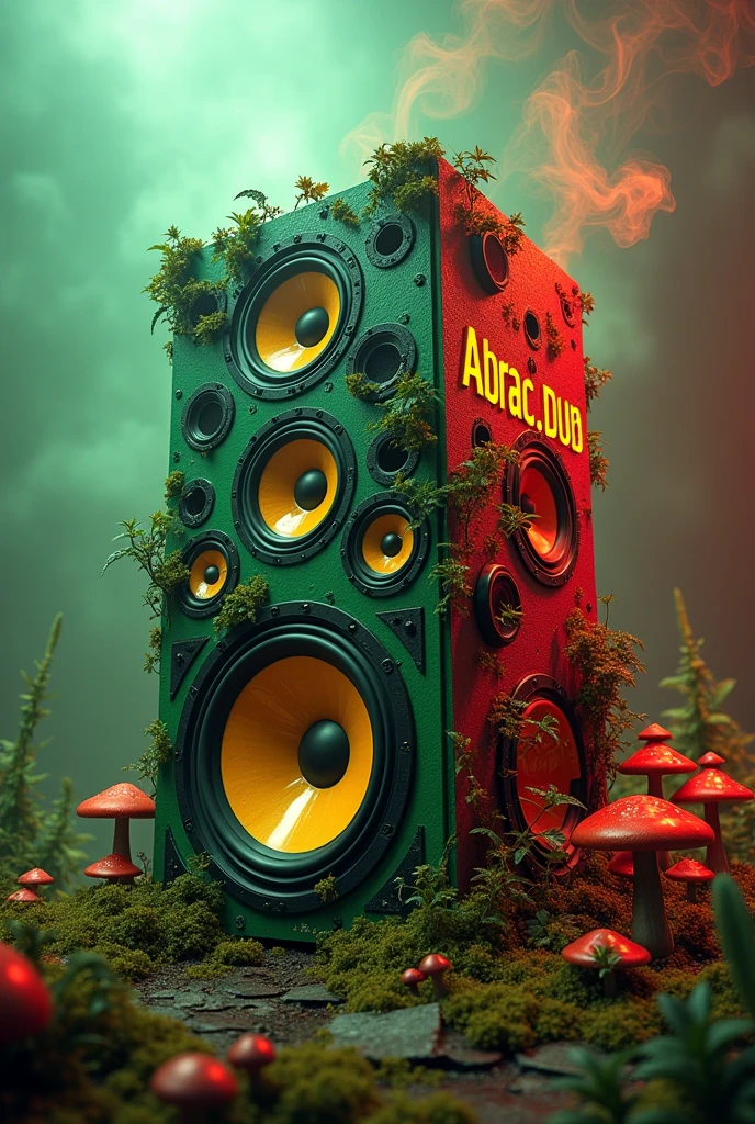 Giant speaker with several speakers colored in the colors of Jamaica, with smoke coming out with  leaves written in large letters 
"Abraca.DUB" elf mushrooms flowers marijuana