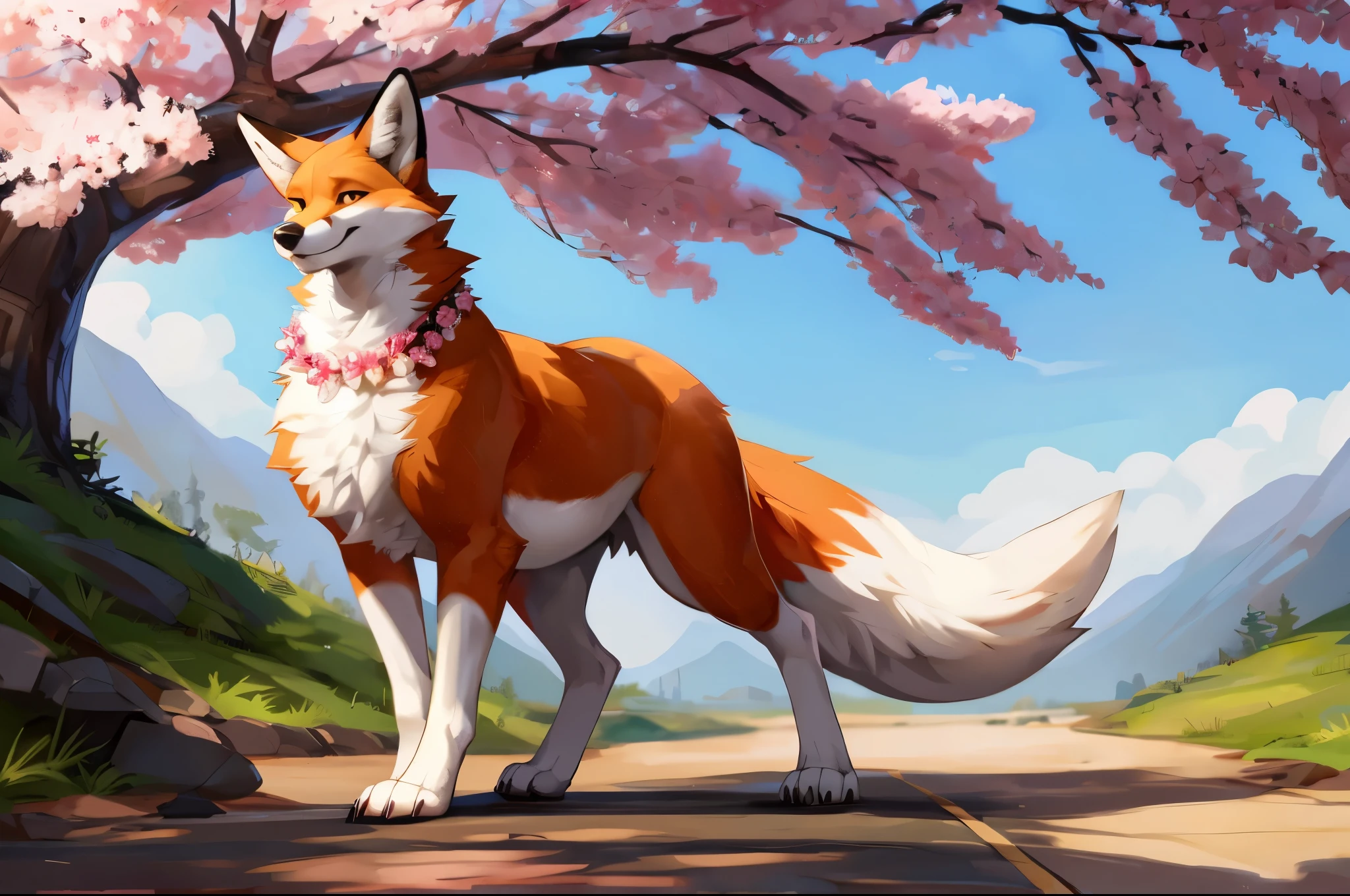 4k ultra quality, 4k full body view,(ultra high detailed body),((feral)) fox,by mystikfox61, by glitter trap boy,feral paws, by bebebebebe,by morethreedee, by seibear,sharp nails,((sfw)),(ultra detailed face),detailed eyes,big tail,fluffy tail,(detailed tail),enomorous tail,bigger tail,huge tail,volumetric light,fluffy paws,(feral focus), beast,(bigger lower body),(long legs),master works, super fine, 4k resolution, high quality,high picture detail,illusory engine, Masterpiece,dire fox,faint lighting,(white fur),((long legs)),( fox),white belly fur,enomorous belly, huge belly, (round belly),(macro),among sakura, crowds,wearing flower necklace,front view