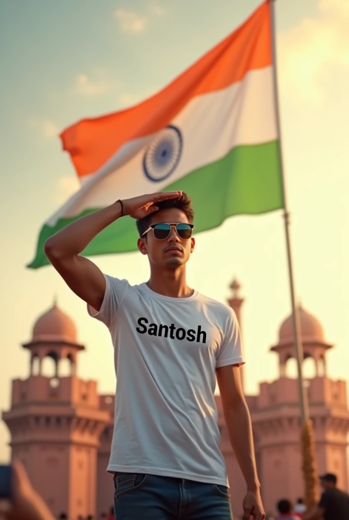 Create a Realistic picture of an 18-year old boy wearing a white t shirt and blue jeans.he is saluting a big flying Indian flag, with the red fort in the background. The name "Santosh" on is written"t shirt in bold letters, sunglasses. The overall image should have a divine background, reminiscent of republic day, with people celebrating