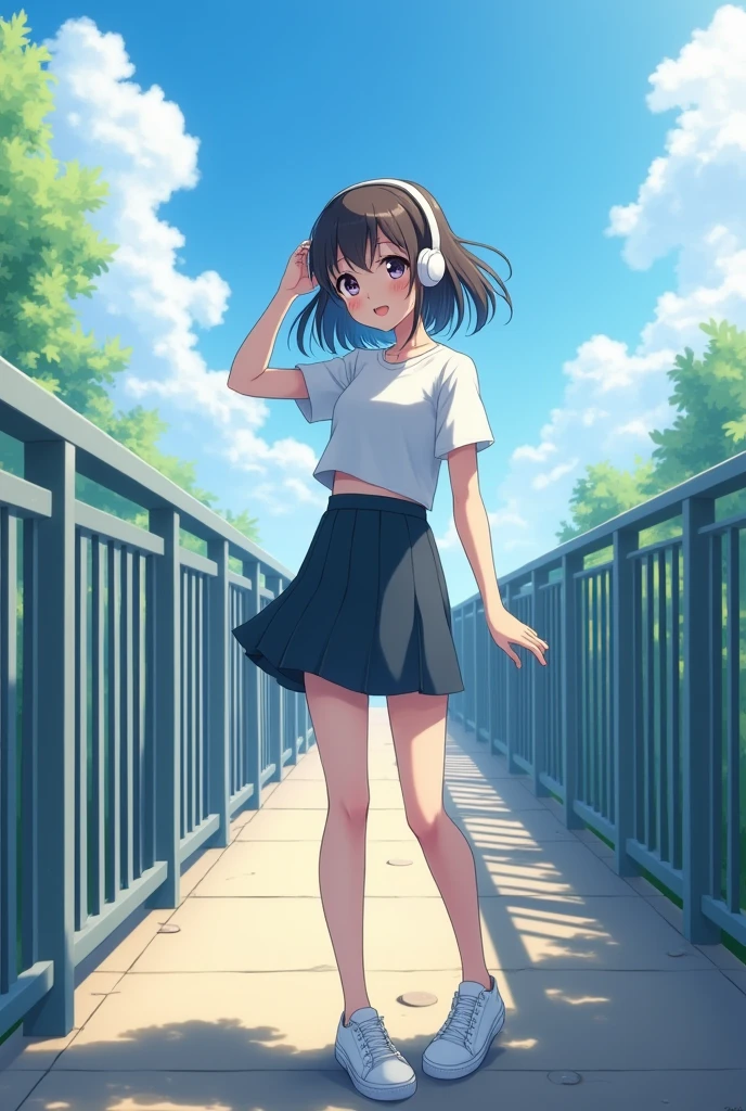 A beautiful anime,cute woman,with headphones,on bridge, daytime, beautiful scenery, joyful, happy, skirt and top, with white sneakers, looking another side,oil painting,long image fit in wallpaper HD,no blur face,no error,