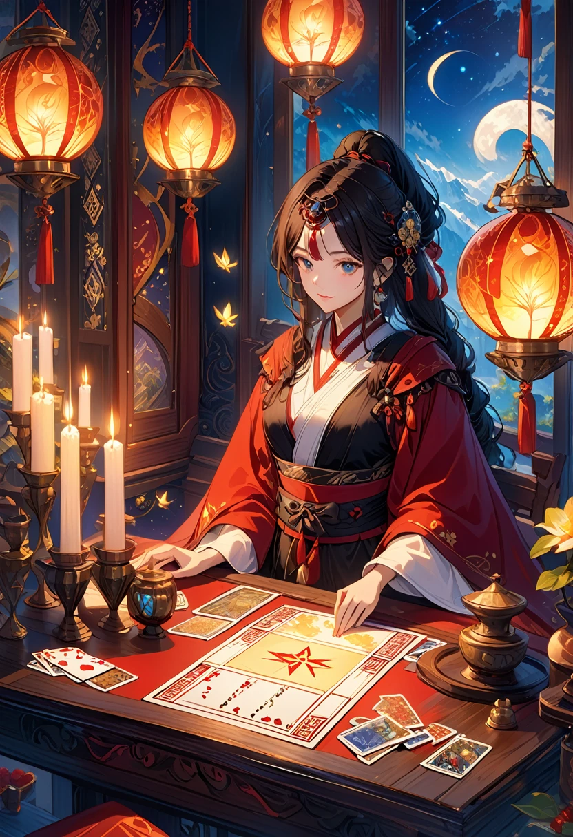 A beautiful and mysterious fortune teller in a compact and attractive setting. The fortune teller is wearing a cloak, have exquisitely detailed facial features.
The scene is dim, Create an atmosphere of uncertainty and expectation. The fortune teller is sitting at the table, Tarot Cardsで飾られている, Crystal Jade, Tarot Cards. The table is surrounded by candles, Adding to the mystical atmosphere.
The lighting in the room is dim, Casts a fascinating shadow that enhances the mysterious atmosphere. 占い師はTarot Cardsを持っている, Gaze on the symbol for insight into the future.
The overall artwork must be of the highest quality, 4k or 8k resolution. The level of detail needs to be highly detailed and realistic, Almost photorealistic.
Artistic style should reflect official aesthetics, Vivid colors and strong contrast. The color tone is、It should emphasize the mystical and mystical theme of the artwork.。.
The fortune teller's cloak is decorated with intricate designs, Adopts a metallic border with a thickness ratio of 1.5. moreover, The composition must incorporate a decorative rose border.
The scene should have a magical feel to it., It resembles a starry night sky. The fortune teller's facial expression should convey mystery and intrigue..
