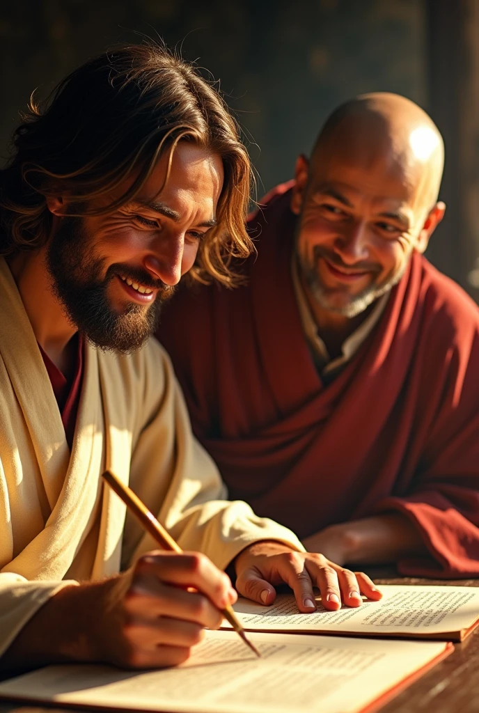 Jesus Christ and a Japanese man copying sutras. I am copying the sutras with a brush inside the temple. They smile happily with wise and benevolent faces. they are shining. Surrounded by rainbow-colored light. Jesus of Nazareth is depicted as a gentle, gentle man with shoulder-length hair. His wavy brown hair flows over his shoulders. His captivating hazel eyes convey deep wisdom and empathy, radiating warmth and understanding. The other man is depicted as a kind-hearted Japanese man with a calm, cheerful expression and a shaved head similar to that of Buddha. The captivating dark eyes of Japanese men convey deep wisdom and empathy, radiating warmth and understanding. Photography, close-up, highly detailed, trending at the art station, sharp focus, studio shot, intricate details, Greg Rutkowski,