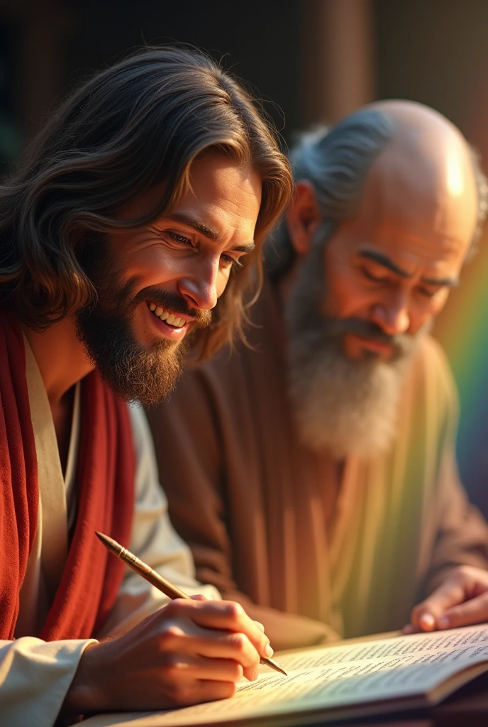 Jesus Christ and a Japanese man copying sutras. I am copying the sutras with a brush inside the temple. They smile happily with wise and benevolent faces. they are shining. Surrounded by rainbow-colored light. Jesus of Nazareth is depicted as a gentle, gentle man with shoulder-length hair. His wavy brown hair flows over his shoulders. His captivating hazel eyes convey deep wisdom and empathy, radiating warmth and understanding. The other man is depicted as a kind-hearted Japanese man with a calm, cheerful expression and a shaved head similar to that of Buddha. The captivating dark eyes of Japanese men convey deep wisdom and empathy, radiating warmth and understanding. Photography, close-up, highly detailed, trending at the art station, sharp focus, studio shot, intricate details, Greg Rutkowski,