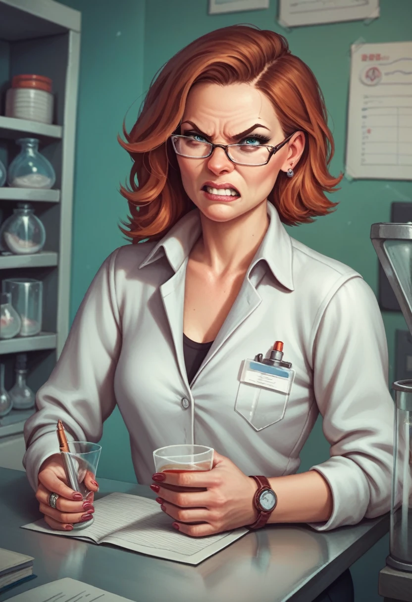 woman nerd glassed angry science lab