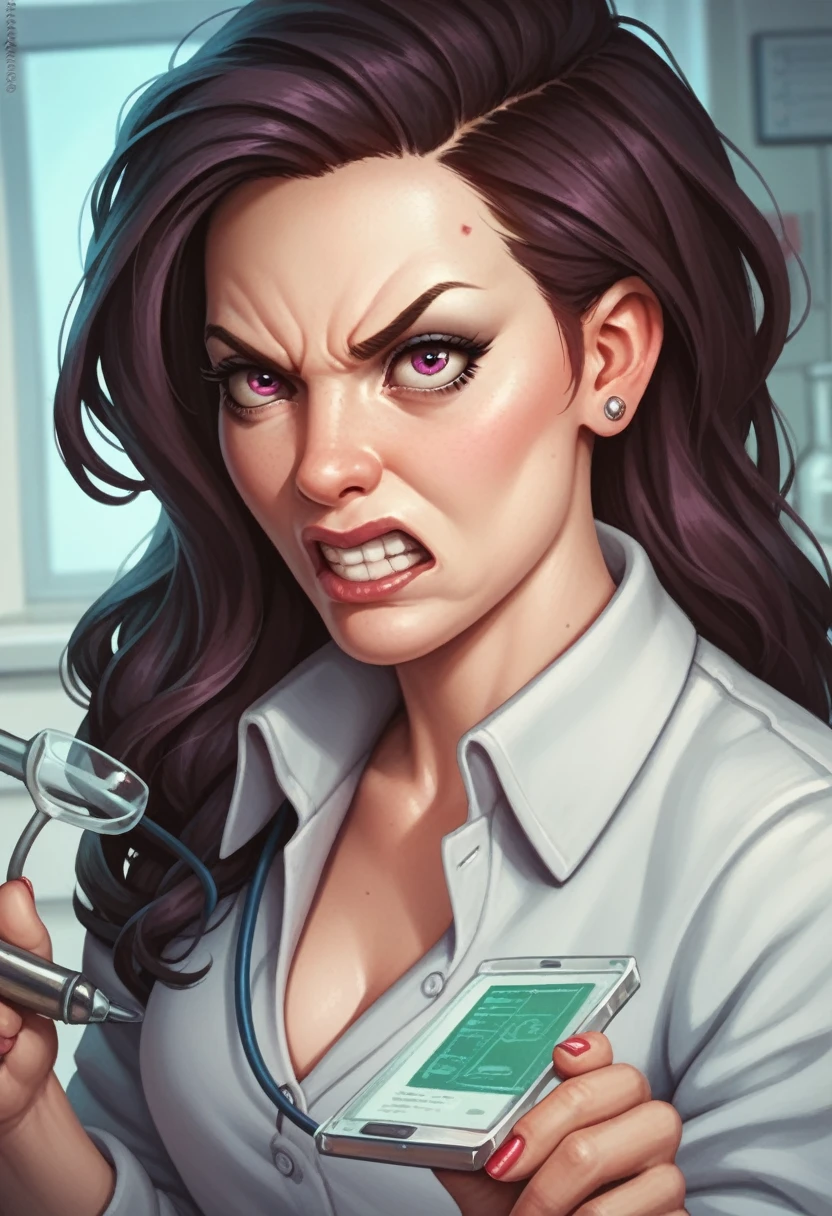 1 woman, ponytail brown hair, blue eyes, full body, bloody surgery room covered in ice (setting), thin lips, {blue lipgloss}, square framed glasses, makeup, evil smile, light pink blouse, black pants, white lab coat, black ankle boots, blue mechanical gloves, ice powers, blood splatter, people encased in ice, trapped people, cut open, impaled, experimented on, death, Comic book (medium).