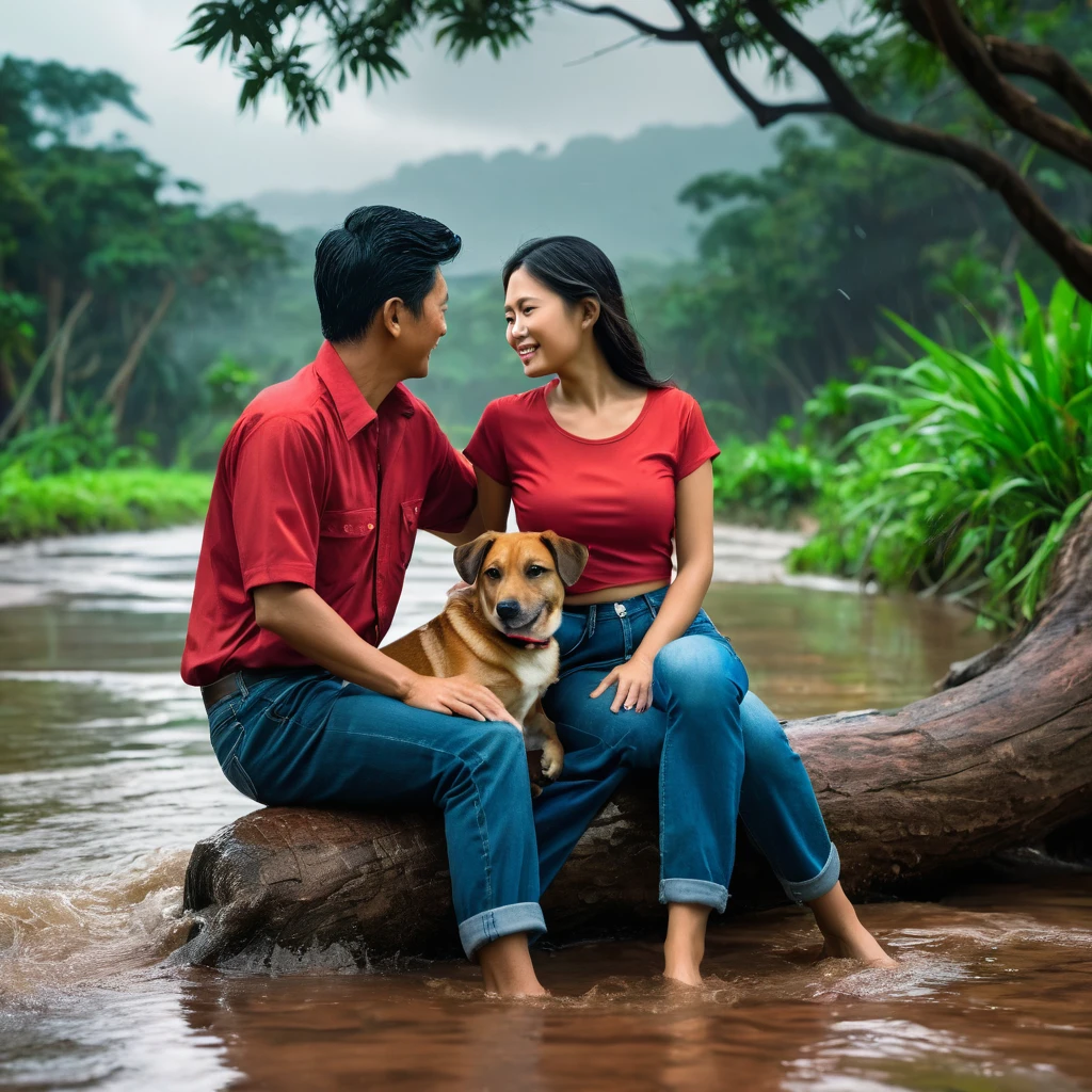 thai farmers couple chilling by a tree, near a stream The woman is wearing a red crop shirt. 3D photo, The color palette is soft. during a thunderstorm, wet, capturing a serene and ethereal mood.The background features a tidal wave coming, ships surf the wave, light and shadow. maximum resolution, ultra realistic. She is in doggy sitting position while he is in the back holding her waist so she can do a magic trick.