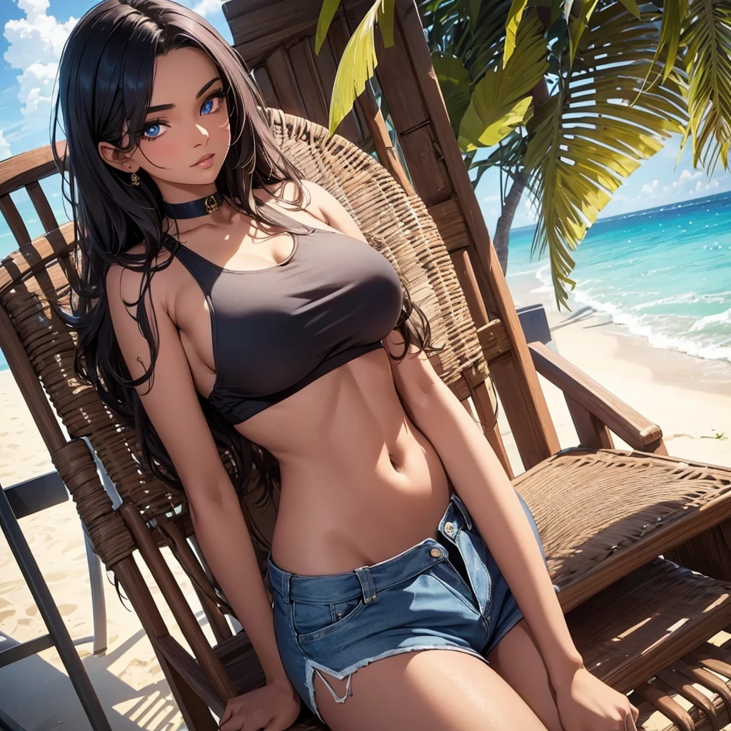 srilankan sexy girl 25 year old. big breast and blue eyes. posing elegantly for an instagram post. wearing a croptop and shorts. in a beach hotel