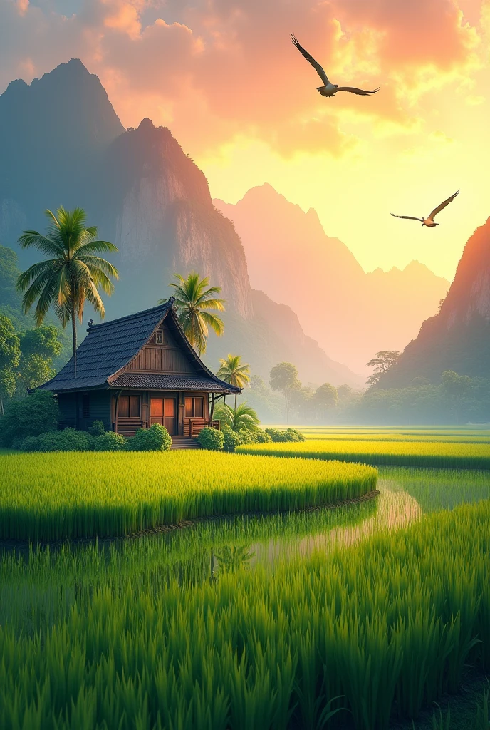 generate a view at paddy field with colour green and yelllow, morning sunrise and mountain as the background, coconut trees with an old wooden house, birds flying, watercolour-art painting, highly-detailed, ultra-sharp, 3d rendering, bright colours, surrealism.