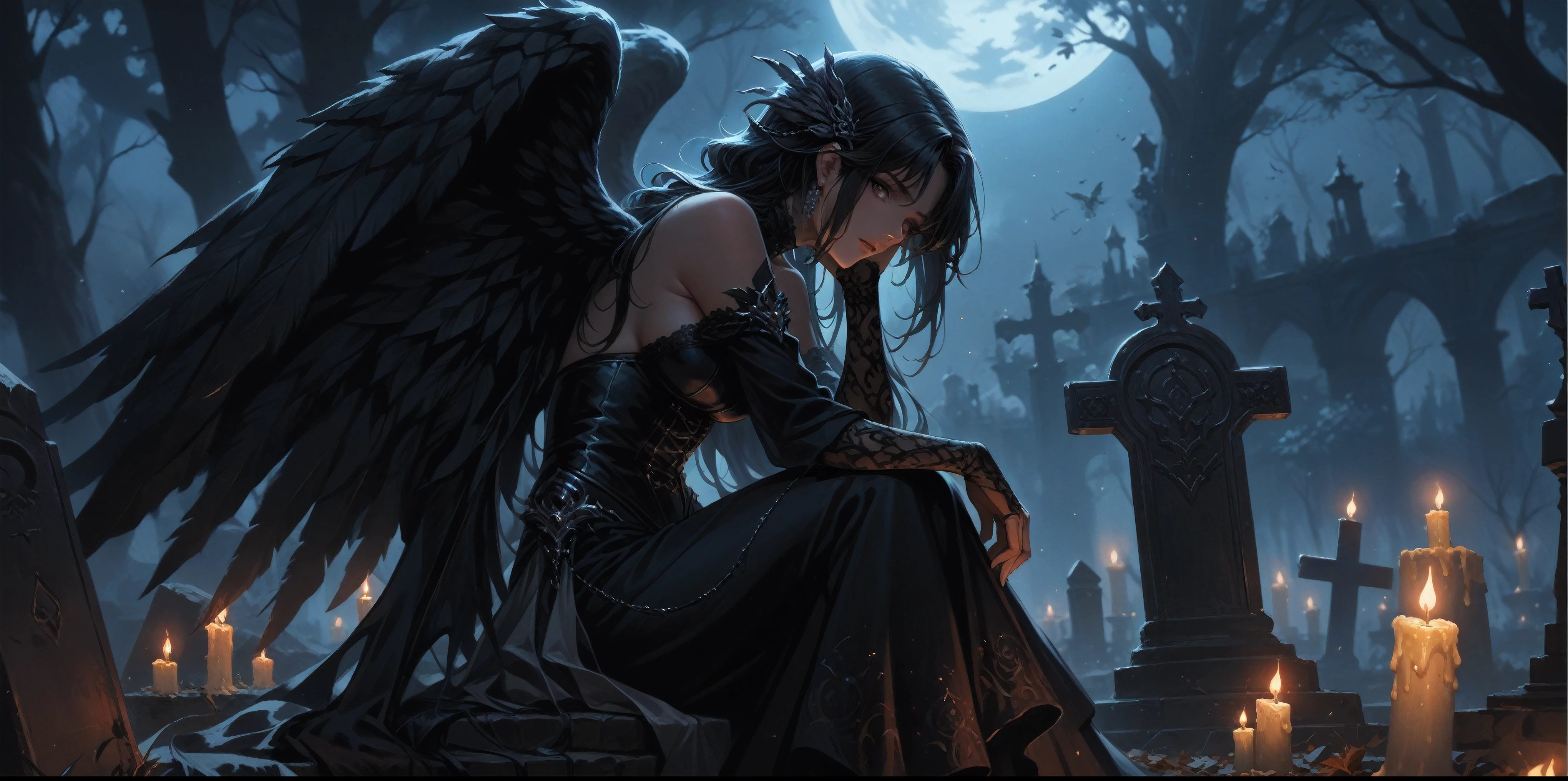 gothic woman sitting on grave with candles in background, dark fantasy style art, gothic fantasy art, dark fantasy art, fantasy dark art, Dark Angel, Фэнтезийное искусство Unreal Engine, High quality detailed 8K graphics, Graphic artist Magali Villeneuve, Angel Knight Gothic Girl, emotional concept art, autumn angel, elegant cinematic fantasy art, dark fantasy style