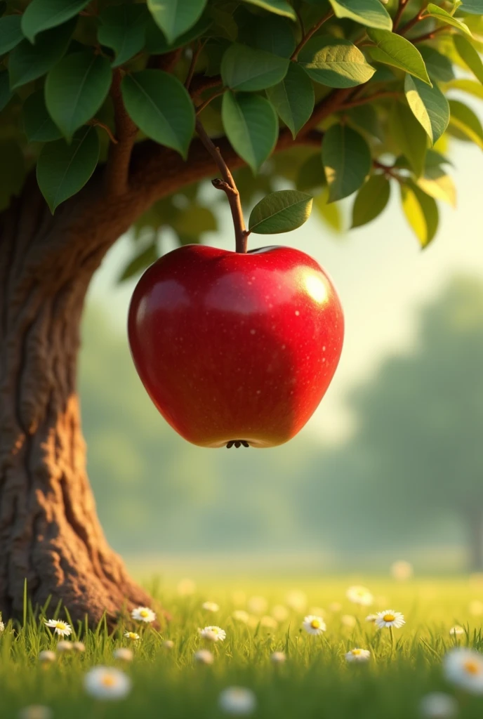 A shiny red apple hanging high from a leafy tree branch, glistening in the sunlight. The tree stands tall with a thick trunk, surrounded by a carpet of soft grass and tiny wildflowers, um personagem animado, Caractere estilizado, animation style rendering, 3D estilizado, Arnold Maya render, 3 d render stylized, toon render keyshot, Personagem 3D, Personagem 3D, 3d rendering stylized, 3d character render, personagem de desenho animado, Personagem de close up, Pose de personagem, (Estilo Pixar) (master part:1.2) (Bokeh) (best quality) (pele detalhada) (textura detalhada) (8k) (argila) (Cinematic lighting) (foco nítido，Senta e vaza a parte superior do corpo