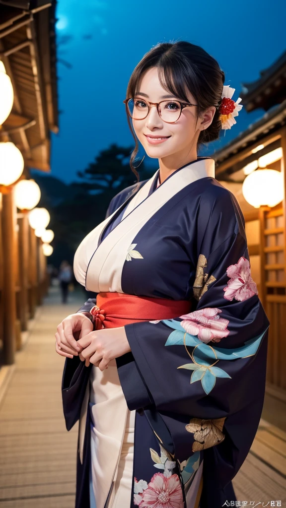 (Super beautiful woman in kimono)、((highest quality、8K masterpiece:1.3))、sharp focus:1.2、(super beautiful face:1.0)、(shiny skin:1.0)、realistic pictures、black hair、video lighting、High resolution eyes and face、video lighting、japanese actress、from the front、big breasts、with a happy smile、Slender abs beauty、whole body、wearing a kimono、in Kyoto、(((luxury obi)))、In Kyoto at night、wearing glasses with no edge、with a fan、Fireworks Display