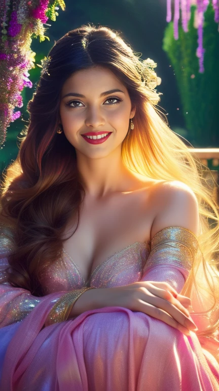 (a beautiful woman in a stunning gown of flowing silk with a radiant smile and captivating eyes),vibrant colors,highres,ultra-detailed,sharp focus,soft lighting,realistic,fantasy-inspired,portraits,subtle color palette,ethereal glow,fairytale,graceful,pastel shades,enchanted garden,lovely flowers,twinkling lights,whimsical ambiance