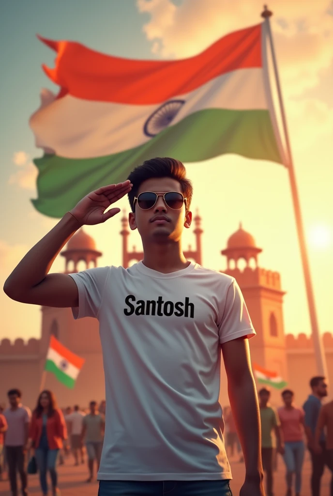 Create a Realistic picture of an 18-year old boy wearing a white t shirt and blue jeans.he is saluting a big flying Indian flag, with the red fort in the background. The name "Santosh" on is written"t shirt in bold letters, sunglasses. The overall image should have a divine background, reminiscent of republic day, with people celebrating