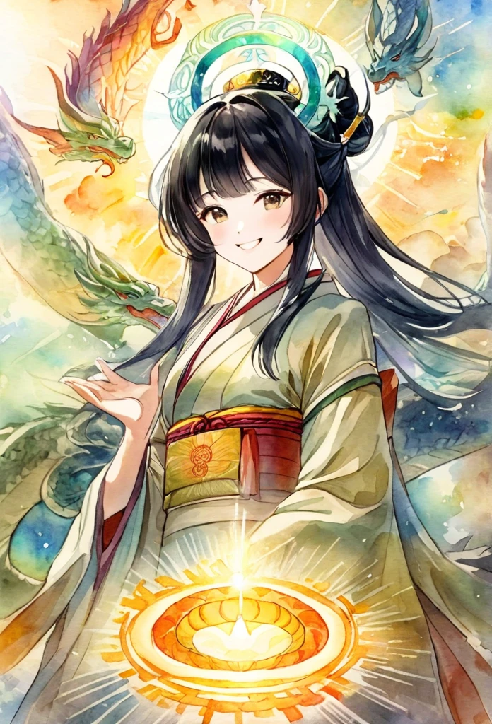 Dragon God Kannon Bodhisattva、Black Hair、smile、Shinto-Buddhist syncretism、Iridescent halo、Fantasy、digital watercolor painting