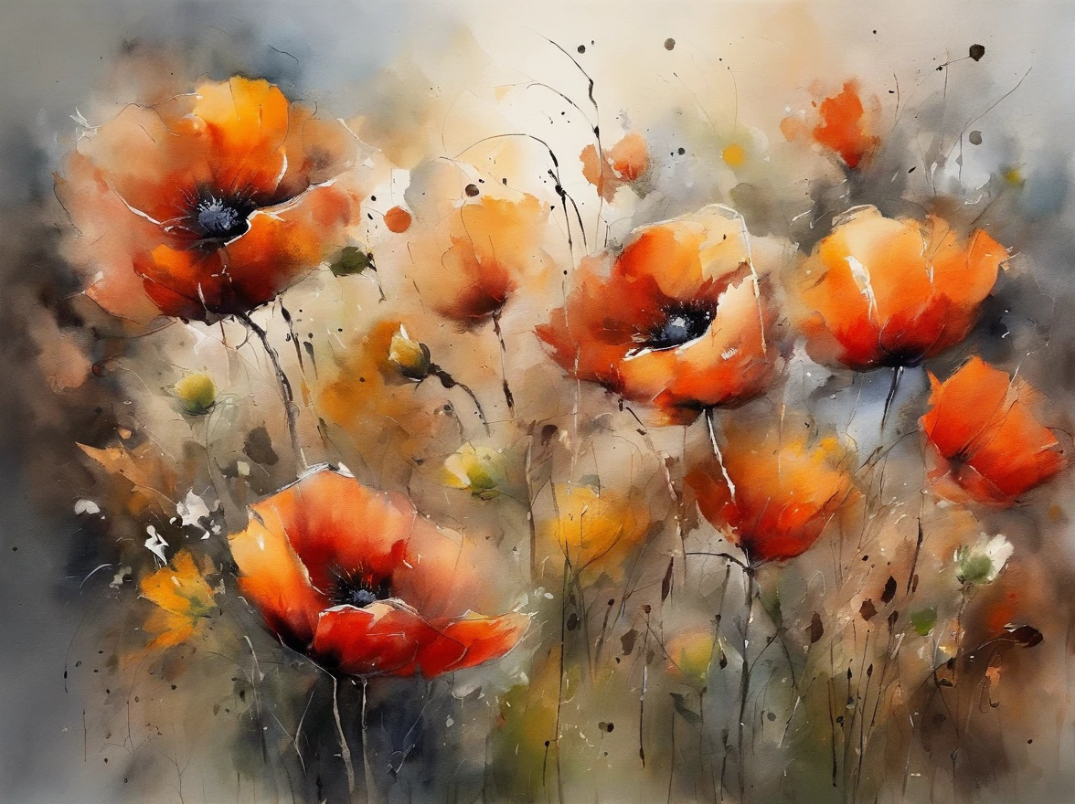 ((materpiece)), ((best quality)), ((high-res)), ((Ink wash)), ((artist)), ((extremly details)), beautiful poppies flowers, pastel colors