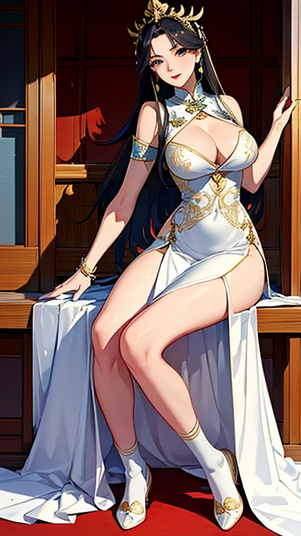 1 Woman, mature, High (1.85 cm), looks about 35 years old, has long black hair, straight and shiny, tied in the Chinese Taoist style, majestic black eyes, Extremely detailed eyes, perfect eyes, đôi mắt cực kỳ thực tế, balanced eyes, Long eyelashes, Anime style, perfect face, milf face, full red lips, mature, smooth white skin, natural body, sexy body, milf body, Perfect hands, detailed hands, arms in proportion to the body, đôi tay thực tế, arm with good anatomy, She was wearing only a white Chinese style dress decorated with gold and silver with phoenix motifs woven into the dress but still could not hide her extremely large and gigantic breasts. (cup L), very big breasts, four hands can lift,breasts sag due to their size, leggy, thick thighs, wide hips, wear black socks, full body drawing, have full arms and legs, look at the viewer, The background is a Chinese-style pavilion., pose alone, look at the viewer.