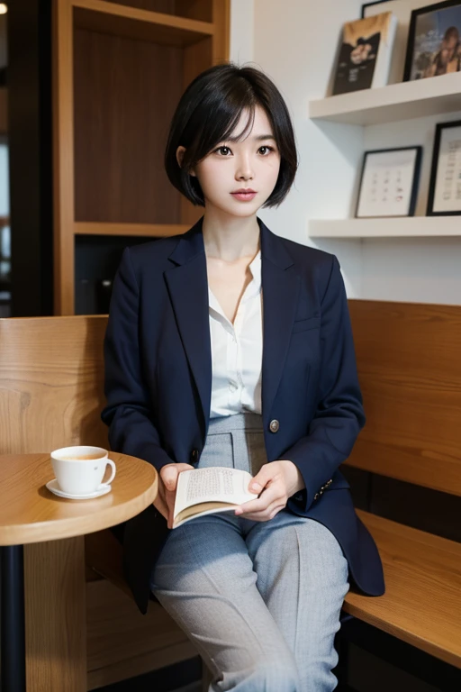 35A year-old Japanese woman is reading a book early in the morning in a cafe near an office district。She is wearing a pantsuit。short hair。The eyes are on the book。
