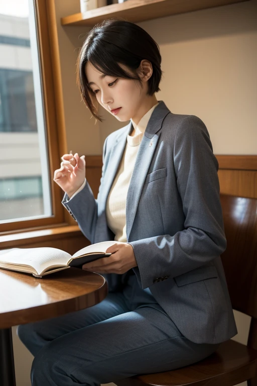 ３５A year-old Japanese woman is reading a book early in the morning in a cafe near an office district。She is wearing a pantsuit。short hair。The eyes are on the book。